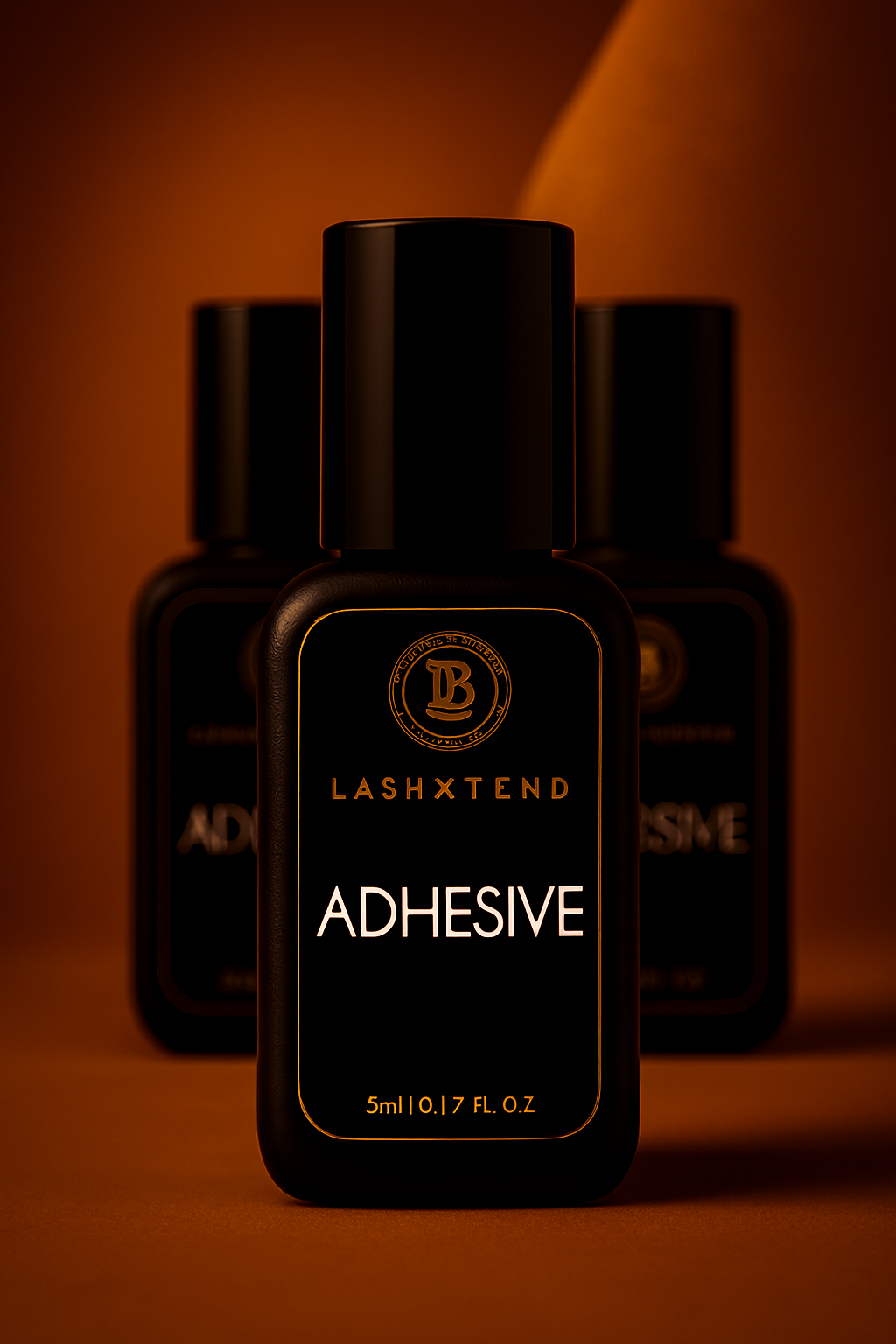 Tres adhesivos LashXtend Boutique en envases negros con detalles dorados, diseñados para extensiones de pestañas profesionales. Fórmula de alta retención y secado rápido, ideal para técnicas clásicas, híbridas y volumen ruso. Presentación elegante sobre fondo cálido, perfecta para branding de belleza.