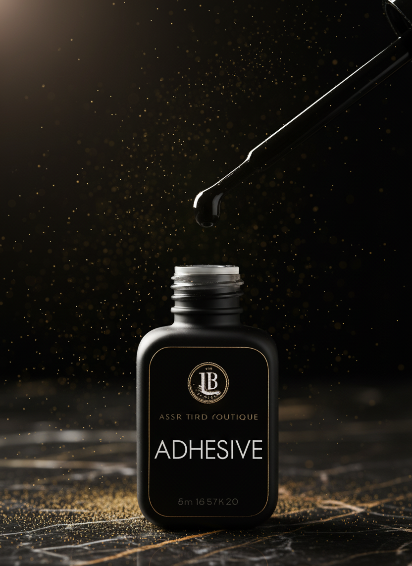 Adhesivo LashXtend Boutique con gota suspendida sobre envase negro, ideal para extensiones de pestañas profesionales. Fórmula de alta precisión, secado rápido y retención superior. Presentación elegante con partículas doradas sobre fondo oscuro, perfecta para branding de lujo en belleza.