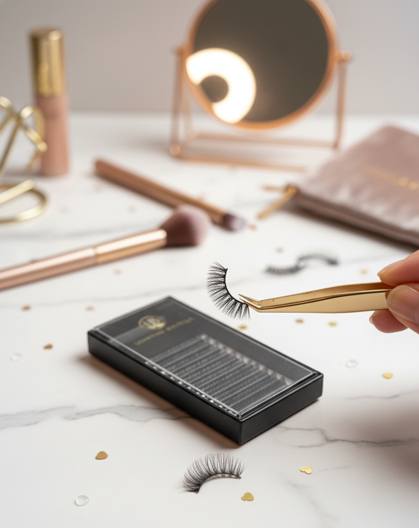 Bandeja premium de extensiones de pestañas UY MIX 0.07mm LashXtend Boutique. Pestañas profesionales de volumen en múltiples longitudes para técnicos de lash. Calidad superior con herramientas doradas.