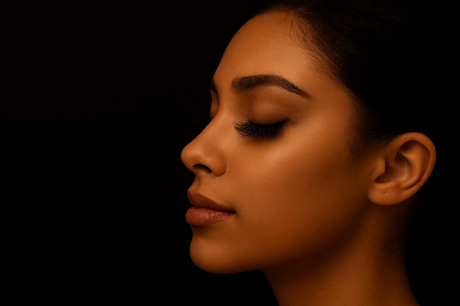 Perfil de rostro femenino con ojos cerrados, pestañas largas y piel iluminada por luz cálida. Fondo oscuro con estética serena y elegante, ideal para destacar belleza natural, servicios lash y branding boutique emocional.