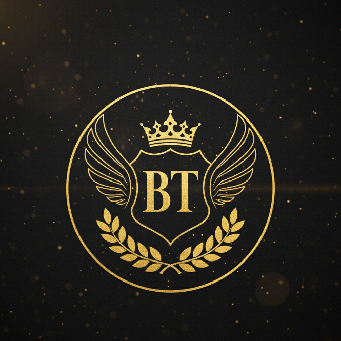 Emblema dorado con iniciales BT en escudo con corona, alas y laureles, sobre fondo negro con destellos. Diseño simétrico y elegante, ideal para branding de lujo en servicios de belleza, formación profesional o insignias personalizadas.