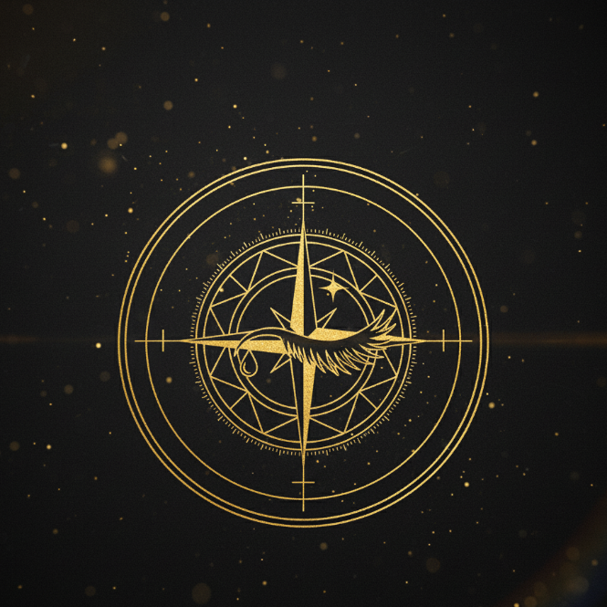 Emblema dorado con un ojo cerrado y ceja al centro de una brújula estilizada sobre fondo oscuro. Diseño simétrico con motivos geométricos y destellos dorados, ideal para representar dirección, libertad y precisión en branding de lujo.