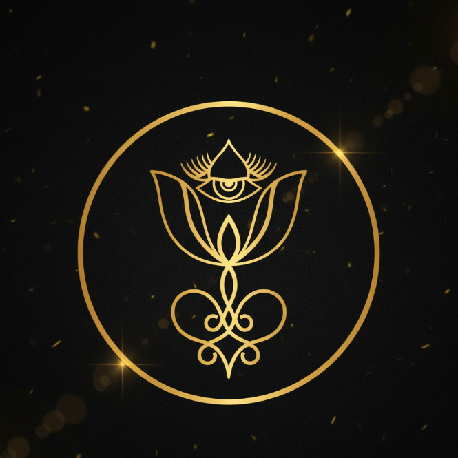 Emblema dorado con flor de loto estilizada, símbolo de iluminación y corazón central, sobre fondo oscuro con destellos. Diseño simétrico y elegante, ideal para representar espiritualidad, visión interior y branding boutique con estética elevada.