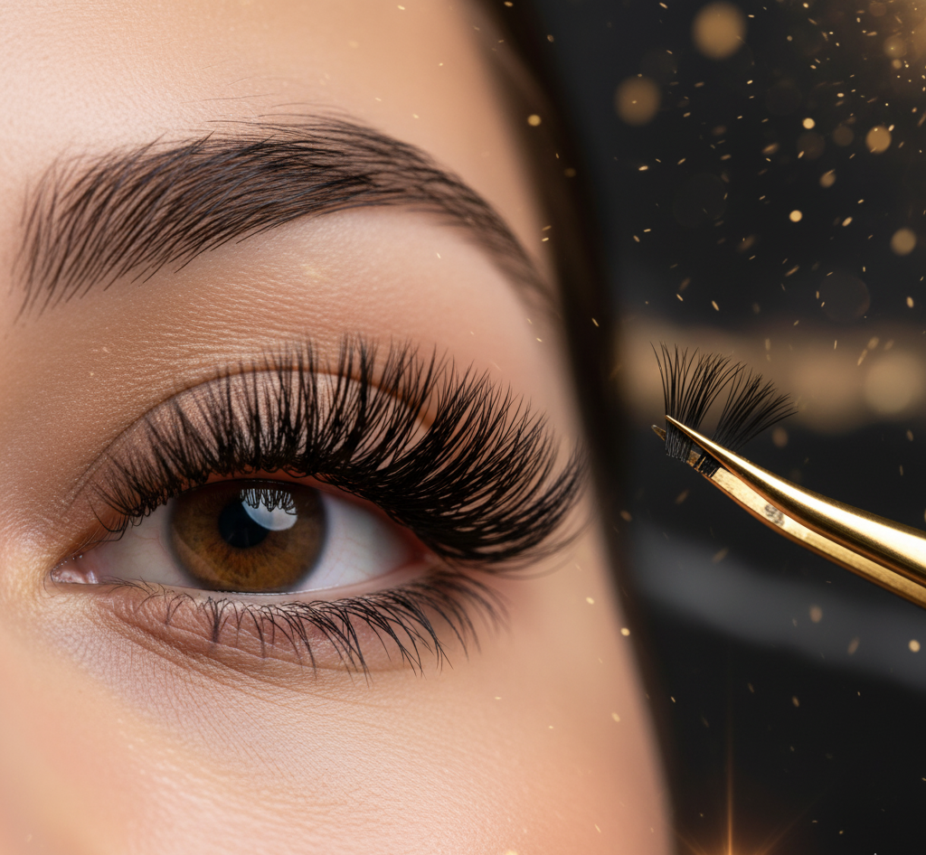 Aplicación de extensiones de pestañas con pinza dorada cerca de ojo con iris marrón y pestañas voluminosas. Fondo oscuro con destellos dorados, ideal para destacar precisión, estética boutique y técnica profesional en servicios lash.