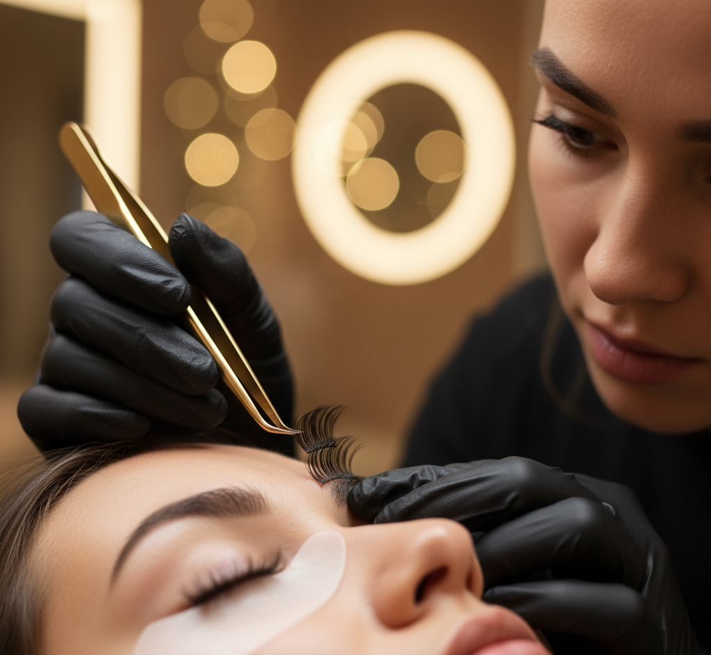 Aplicación de extensiones de pestañas con pinzas doradas por profesional con guantes negros. Cliente con ojos cerrados y parche protector, sobre fondo cálido con luces difusas. Técnica precisa y estética boutique, ideal para servicios de volumen, clásicas e híbridas.
