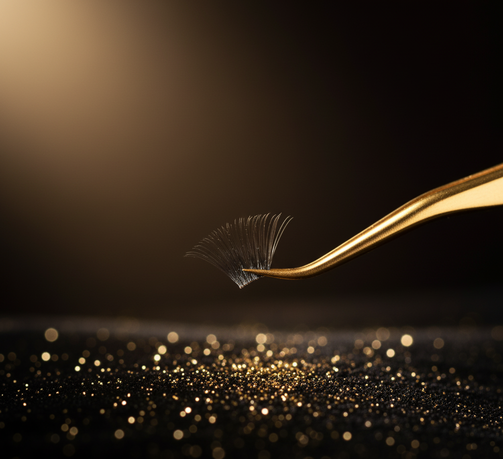 Abanico de extensiones de pestañas sostenido por pinza dorada sobre fondo oscuro con glitter dorado. Ideal para técnicas de volumen y aplicación precisa. Imagen con estética boutique, perfecta para destacar la calidad profesional y el lujo en servicios lash.