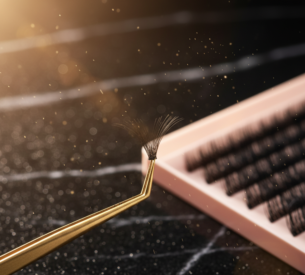 Abanico de extensiones de pestañas sostenido por pinza dorada frente a bandeja rosa con filas organizadas. Fondo de mármol negro con partículas iluminadas, ideal para destacar precisión, técnica profesional y estética boutique en servicios lash.