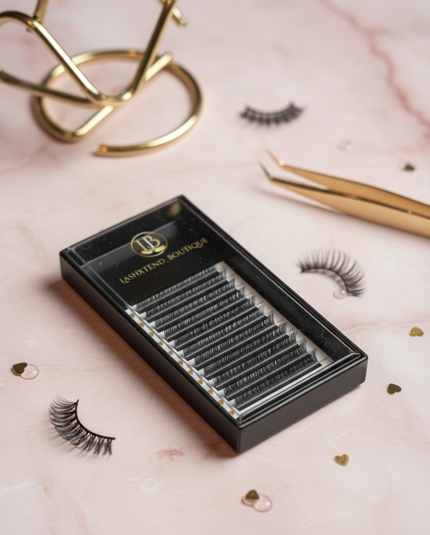 Extensiones de pestañas profesionales UY MIX 0.07mm de LashXtend en uso. Bandeja de volumen premium con pestañas de alta calidad para técnicos profesionales. Resultados elegantes y duraderos.