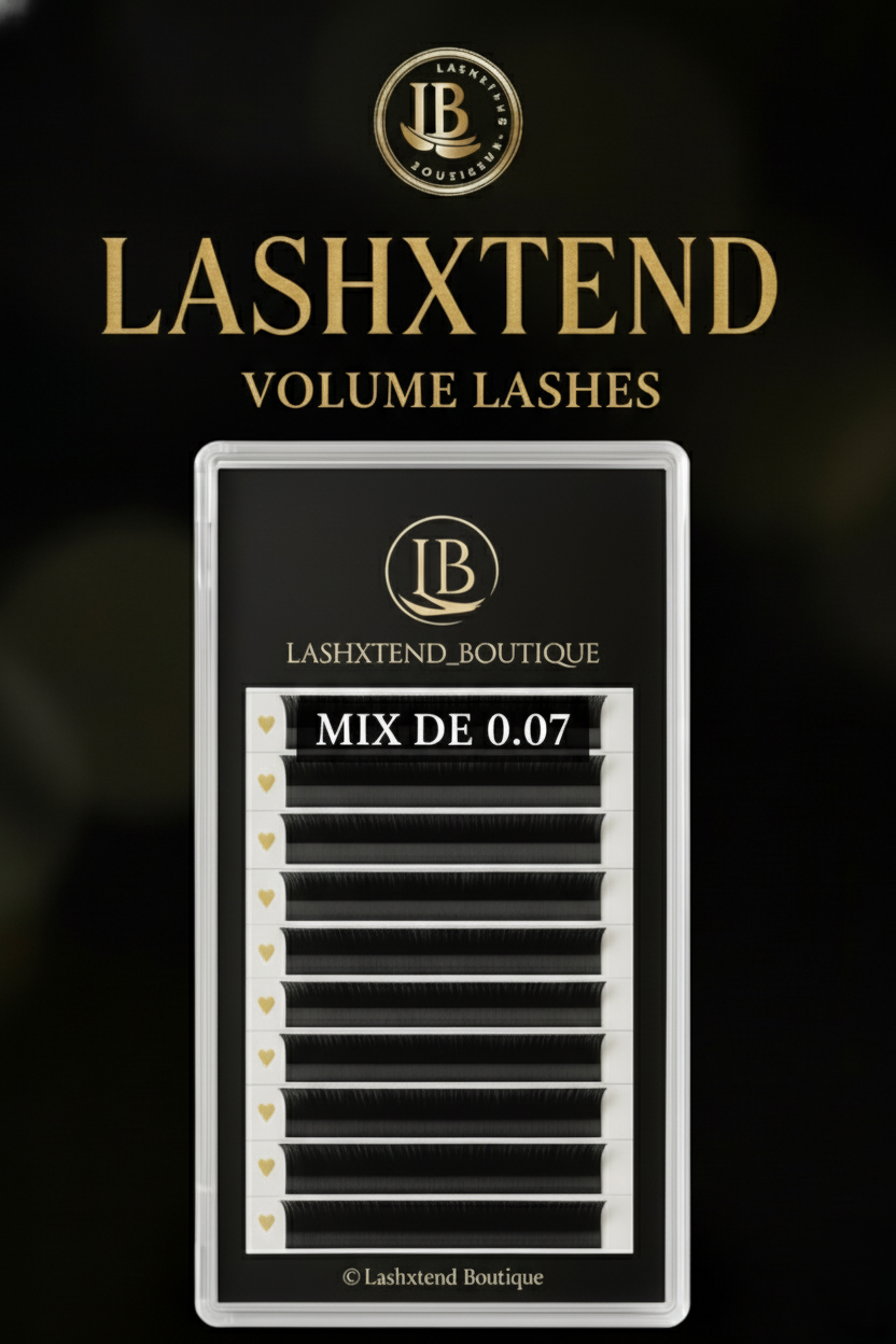 Bandeja de extensiones de pestañas profesionales LashXtend Boutique MIX 0.07mm para técnicas de volumen. Pestañas premium de alta calidad en múltiples longitudes para artistas de lash profesionales.