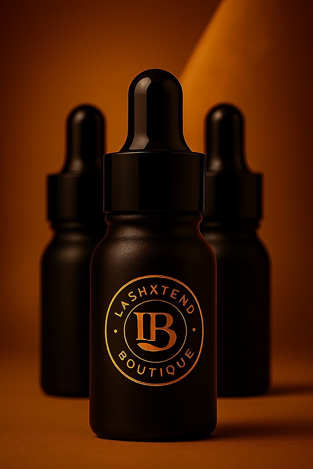 Tres frascos LashXtend Boutique con gotero en acabado mate negro, presentados sobre fondo cálido y elegante. Fórmula profesional para preparación y aplicación de extensiones de pestañas, ideal para lash artists que buscan precisión, estética boutique y resultados duraderos.