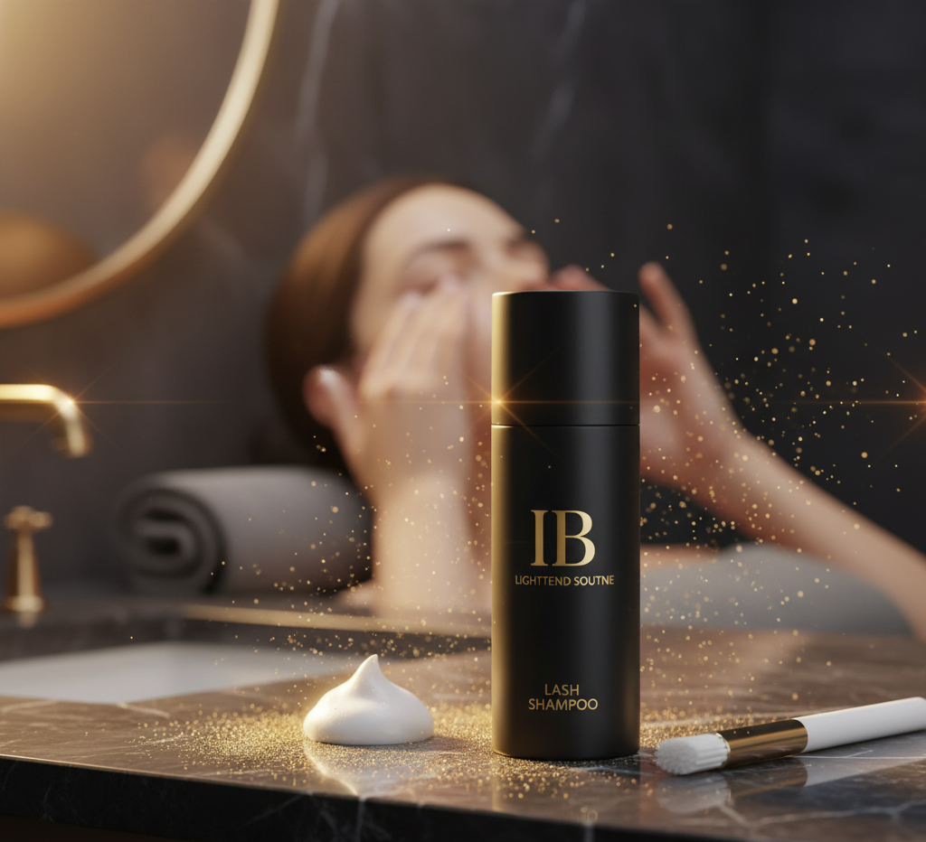 Lash Shampoo LashXtend Boutique en envase negro sobre mármol, rodeado de espuma blanca y aplicador. Escena de baño con iluminación cálida y fondo difuminado, ideal para destacar limpieza profesional de pestañas con estética boutique y experiencia sensorial de lujo.