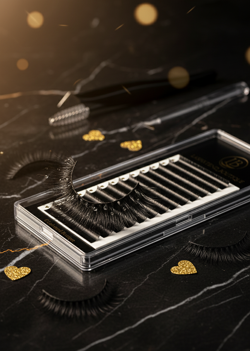 Set de pestañas postizas LashXtend Boutique en bandeja negra con corazones dorados, rodeado de herramientas de aplicación y decoración sobre mármol oscuro. Ideal para técnicas de volumen, clásicas e híbridas. Presentación profesional con estética boutique y acabado de lujo.