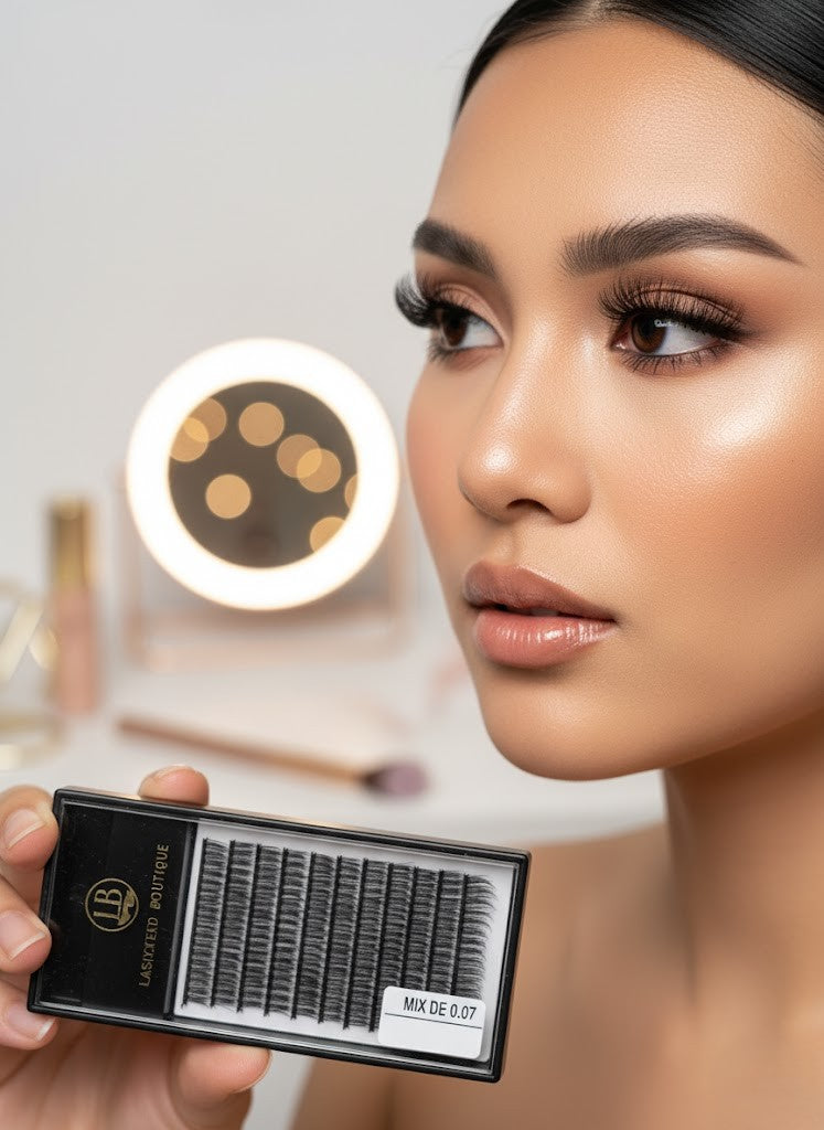 Resultado profesional de extensiones de pestañas UY MIX 0.07mm LashXtend Boutique. Volumen natural y elegante con pestañas premium. Aplicación perfecta para técnicos de lash profesionales.